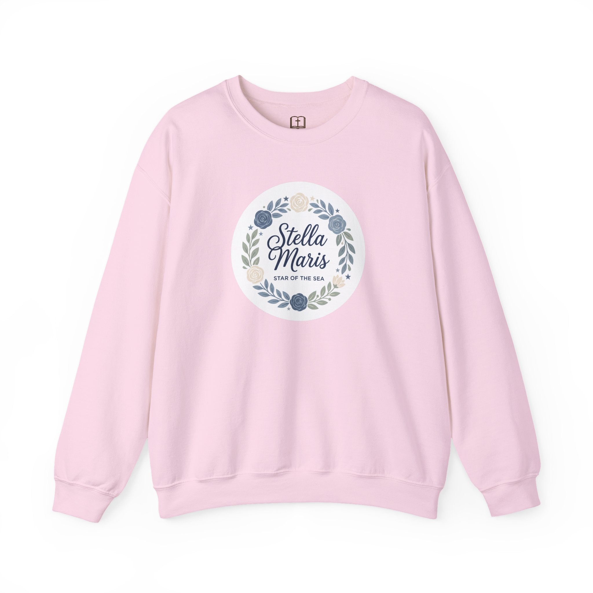 Sudadera católica de cuello redondo con corona floral "Estrella del Mar" de Stella Maris