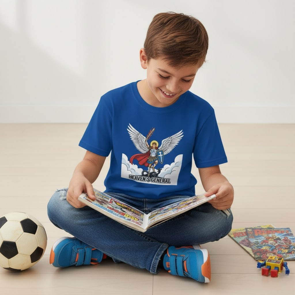 Camiseta de San Miguel Arcángel para niño | Camiseta cristiana Heaven's General para niño