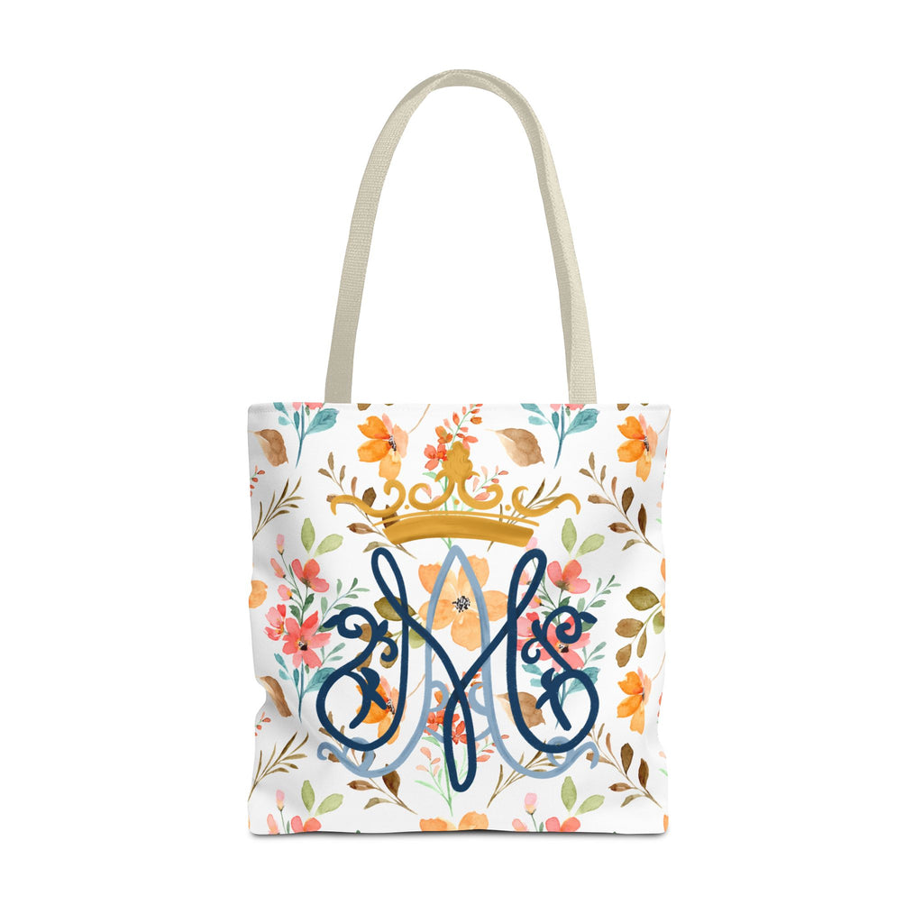 Bolso tote con monograma floral mariano – Colección Reina del Cielo