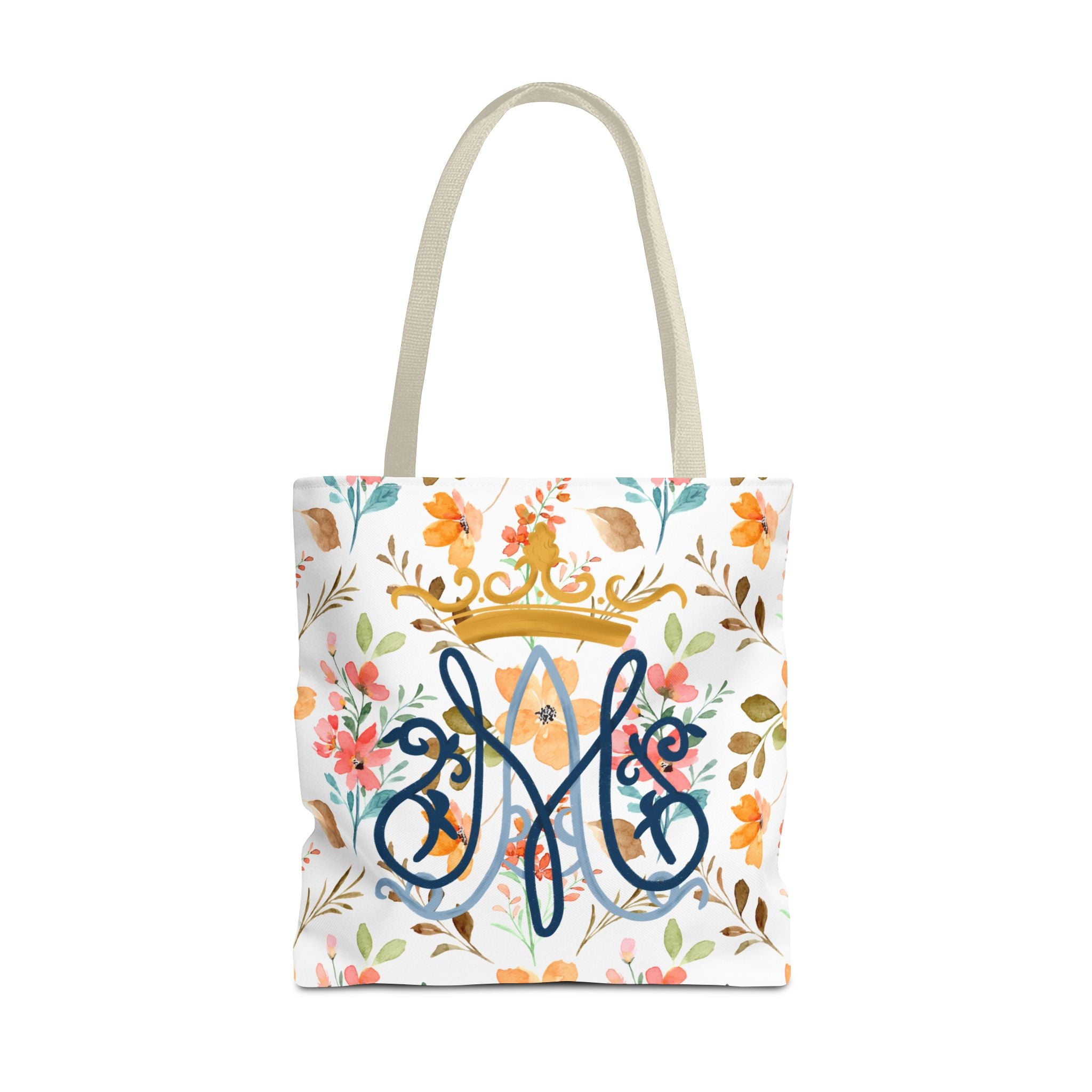 Bolso tote con monograma floral mariano – Colección Reina del Cielo