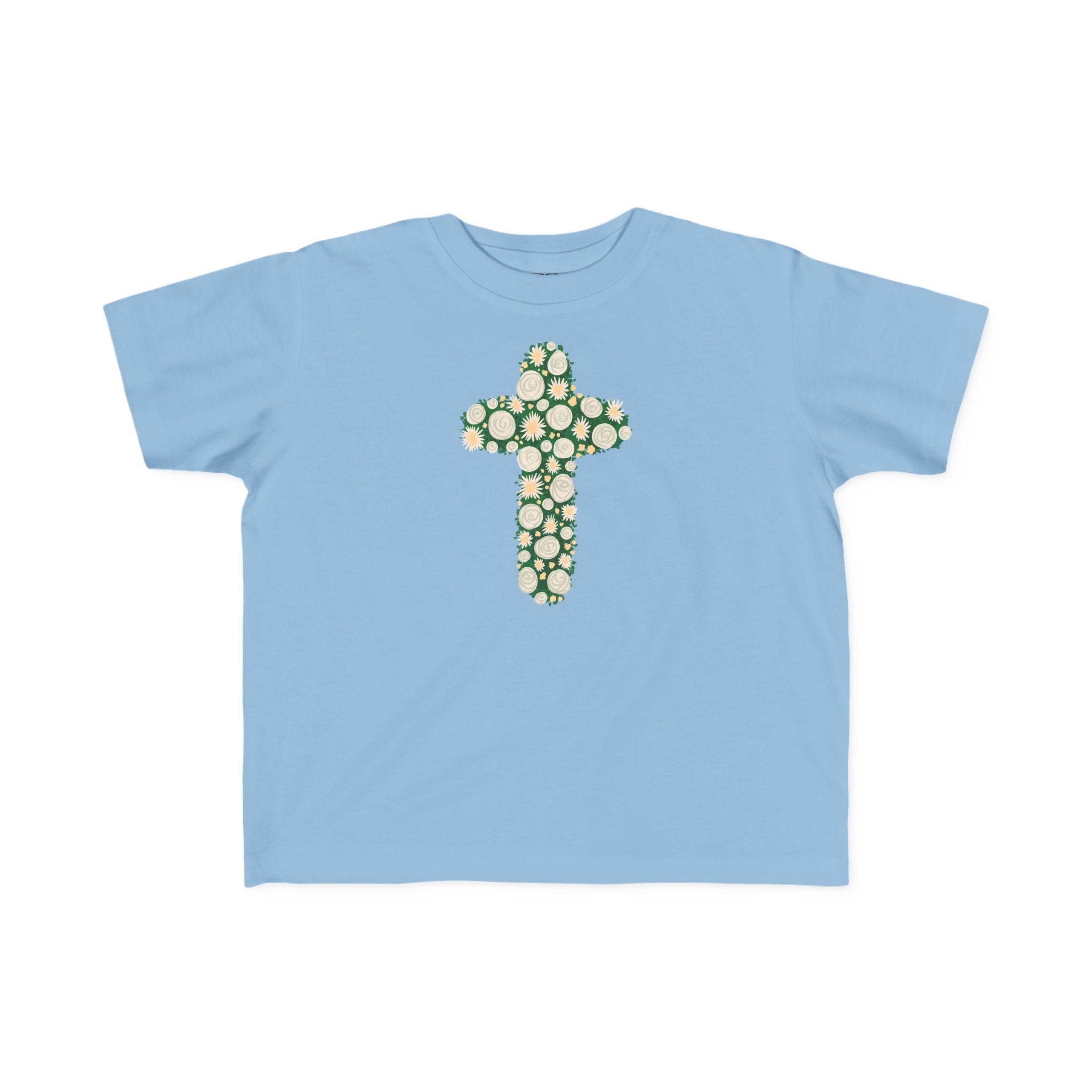 Camiseta para niño con diseño de cruz floral verde inspirada en la fe