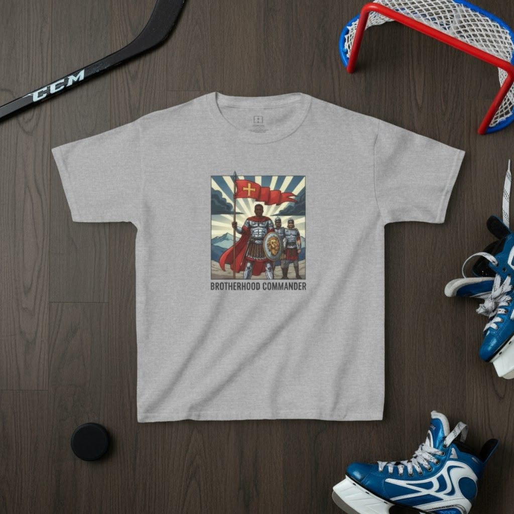 Gray kids T-shirt featuring St. Maurice as a Roman commander holding a red banner with shield and soldiers, Brotherhood Commander design by Everyday Catholic Family.