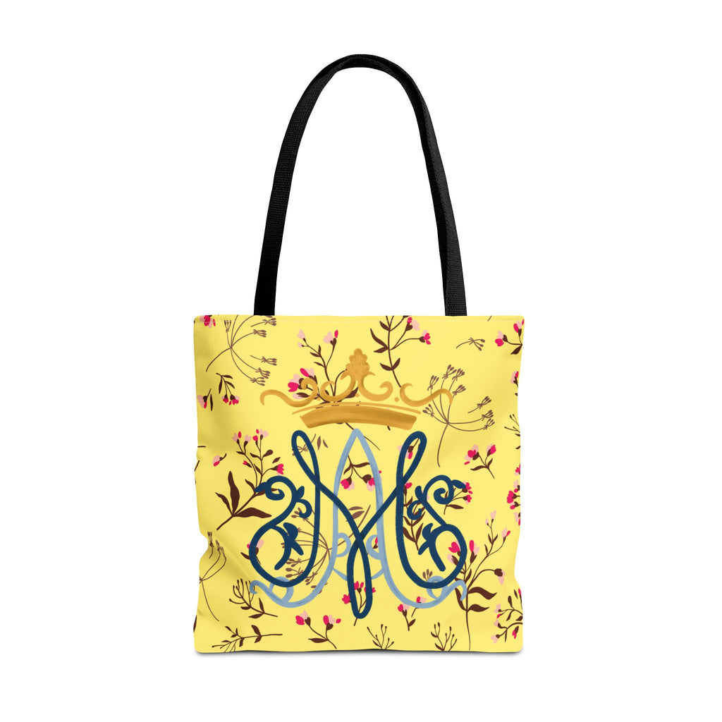Bolso tote con monograma mariano floral dorado – Colección Reina del Cielo