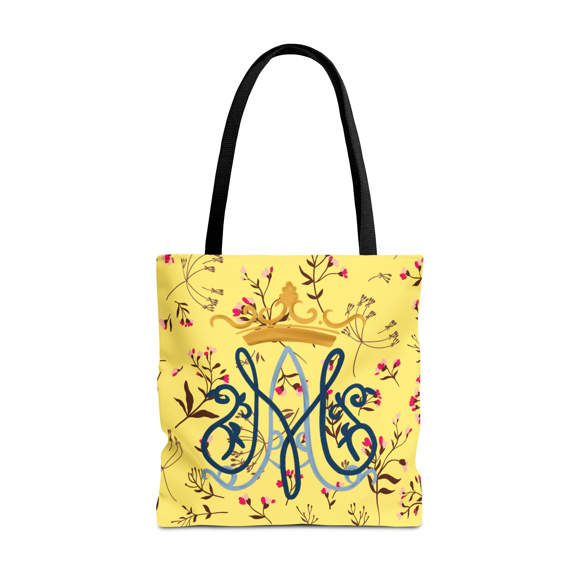 Bolso tote con monograma mariano floral dorado – Colección Reina del Cielo