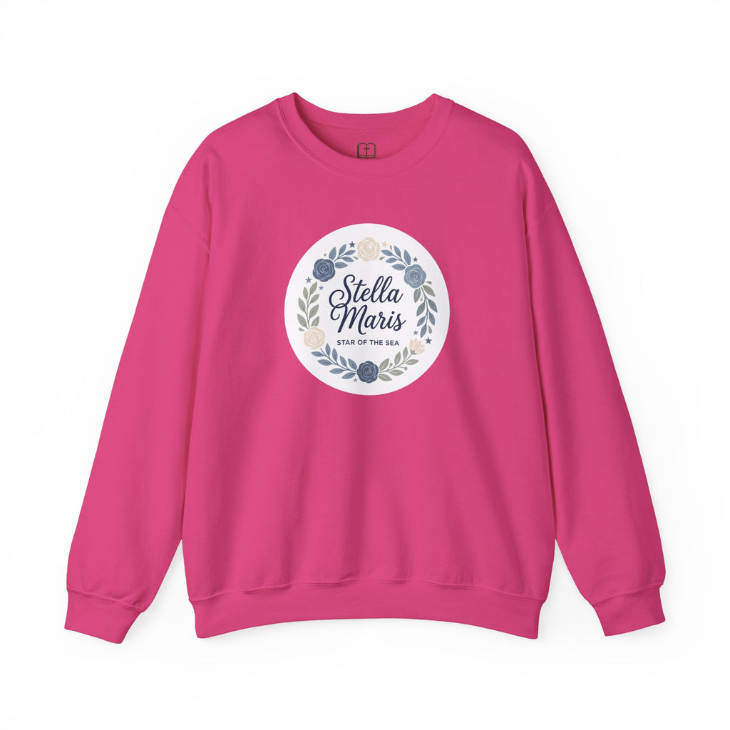 Sudadera católica de cuello redondo con corona floral "Estrella del Mar" de Stella Maris