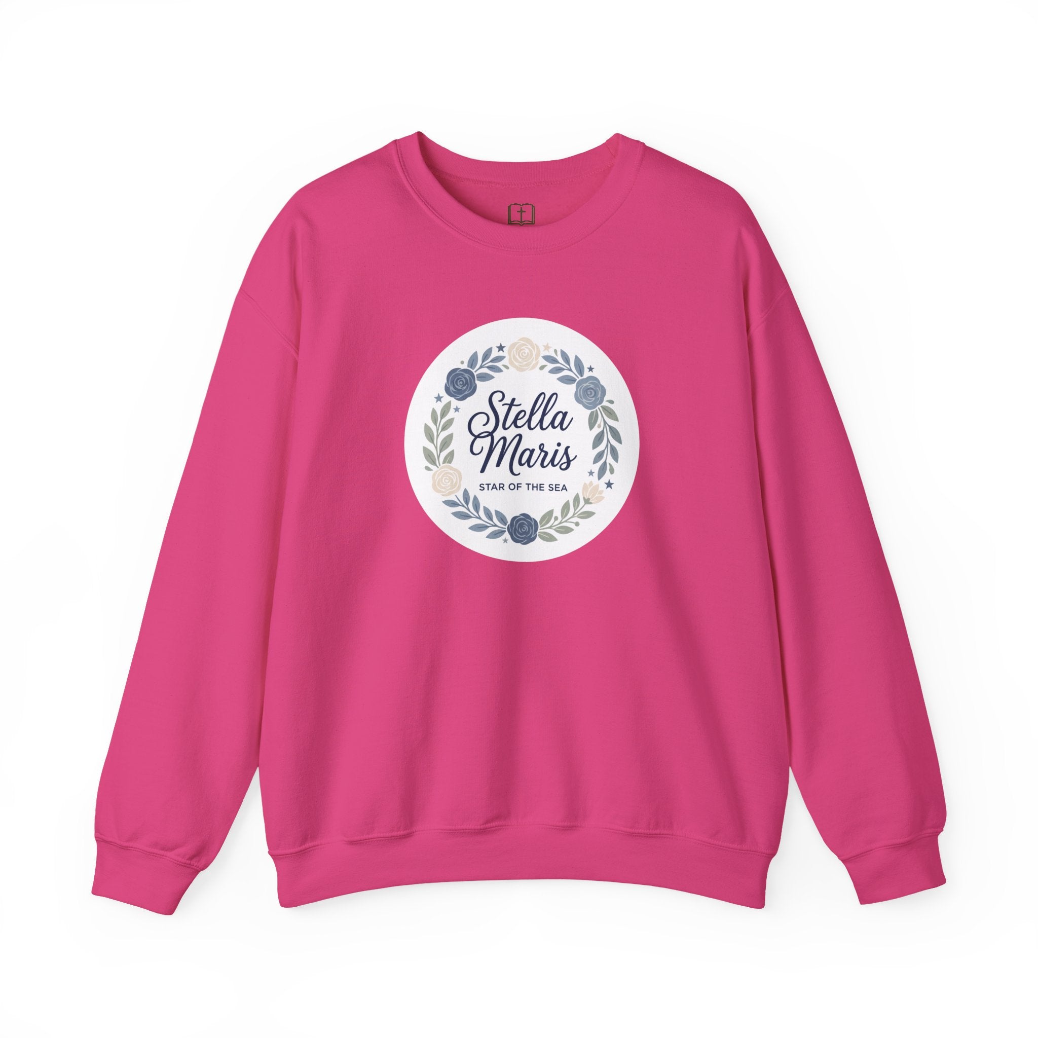 Sudadera católica de cuello redondo con corona floral "Estrella del Mar" de Stella Maris