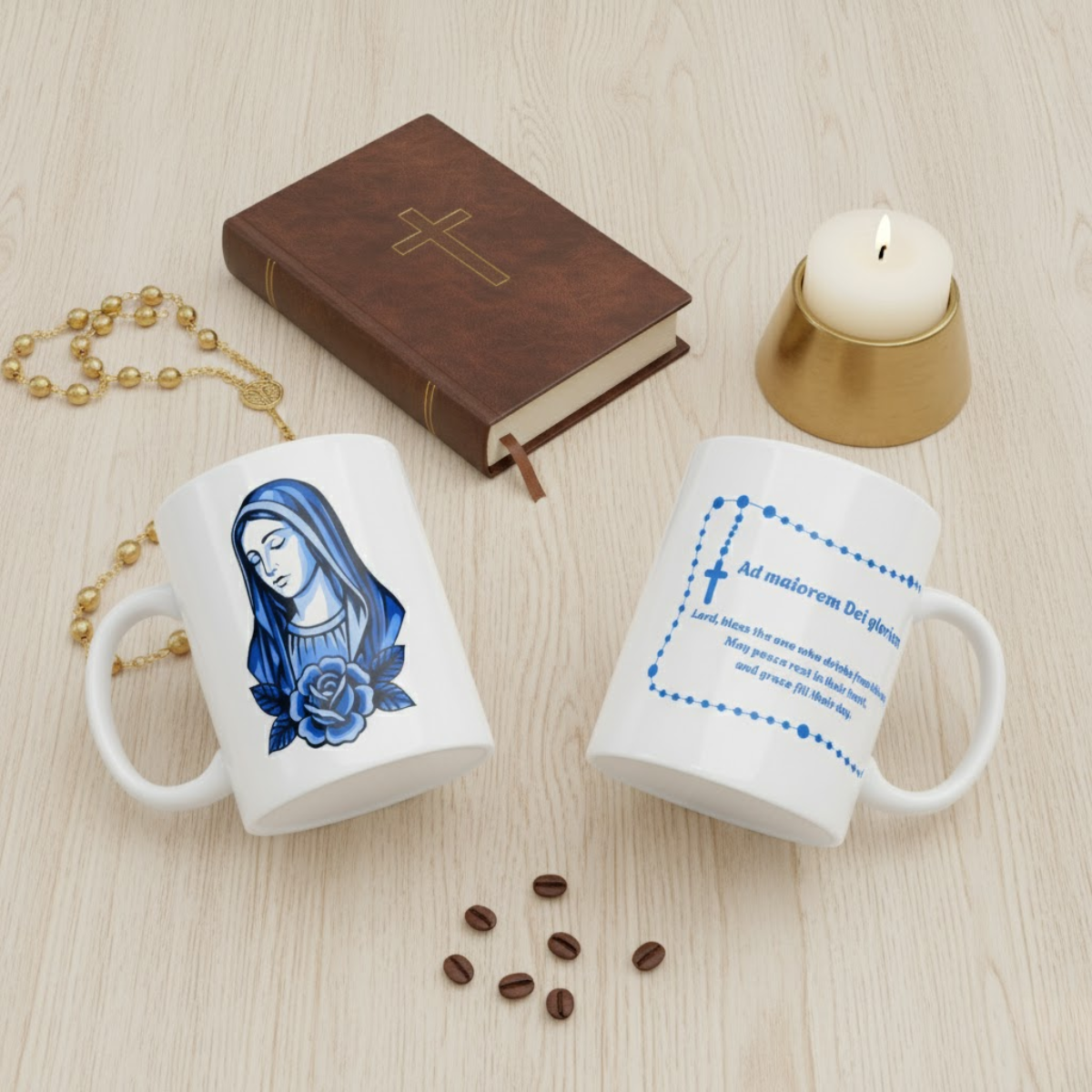 Blue Marian ceramic mug featuring Virgin Mary illustration and Ad Majorem Dei Gloriam prayer, Catholic faith coffee cup by Everyday Catholic Family.