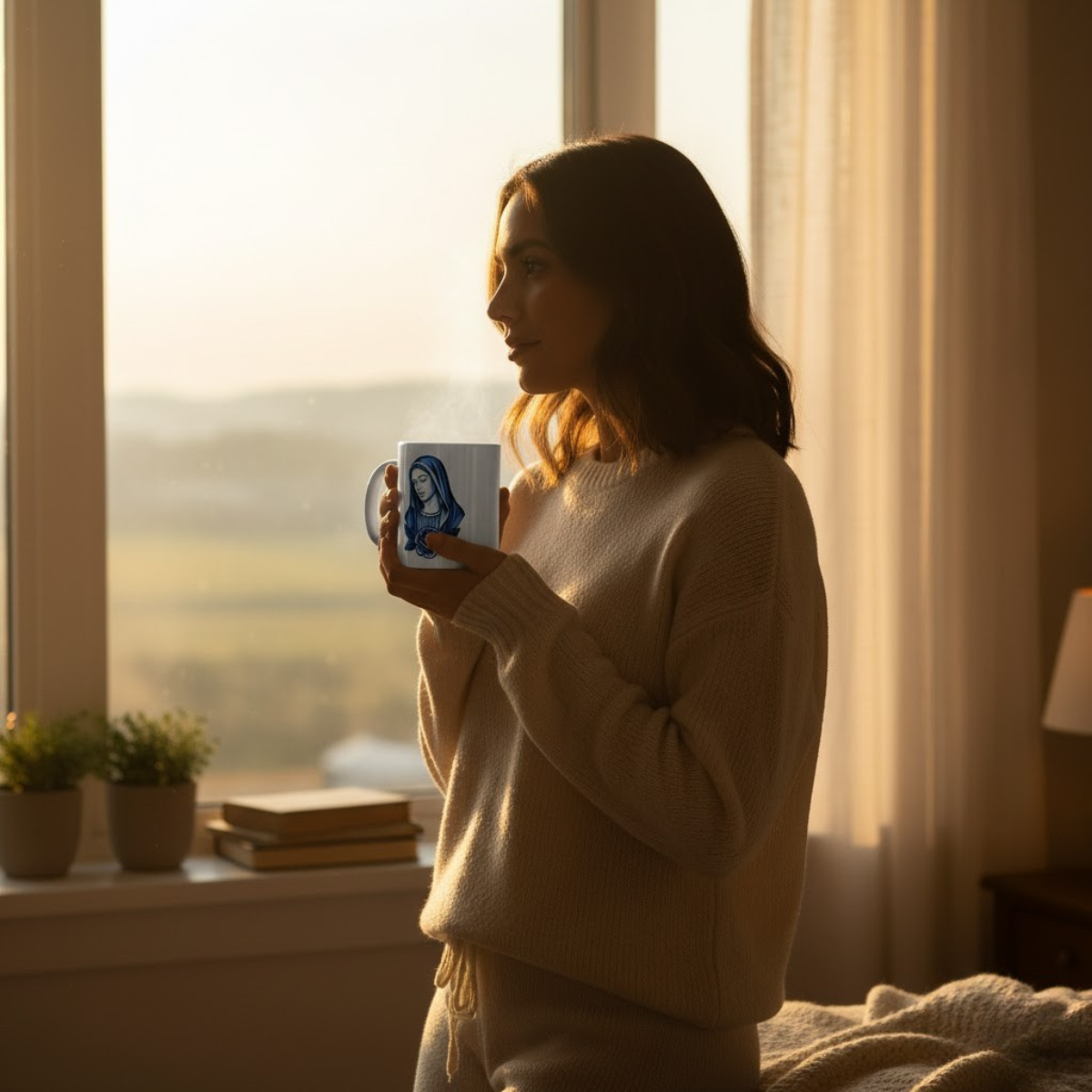 Blue Marian Ceramic Mug | Ad Majorem Dei Gloriam Prayer Mug | Catholic Coffee Cup for Everyday Use