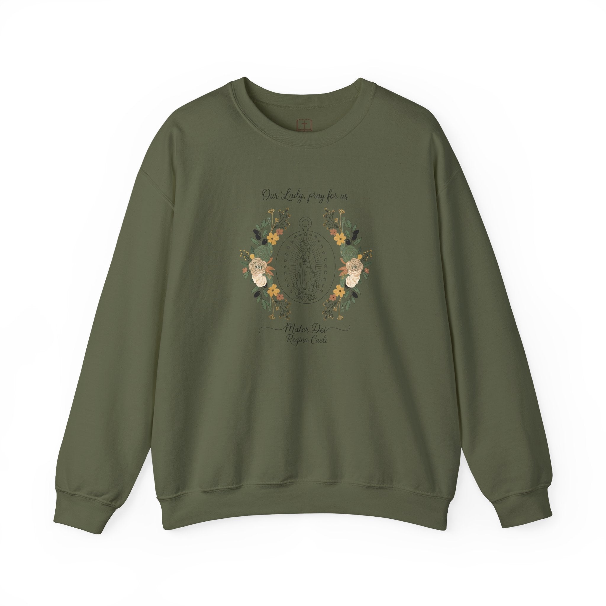 Our Lady, Pray for Us Floral Miraculous Medal Catholic Crewneck Sweatshirt