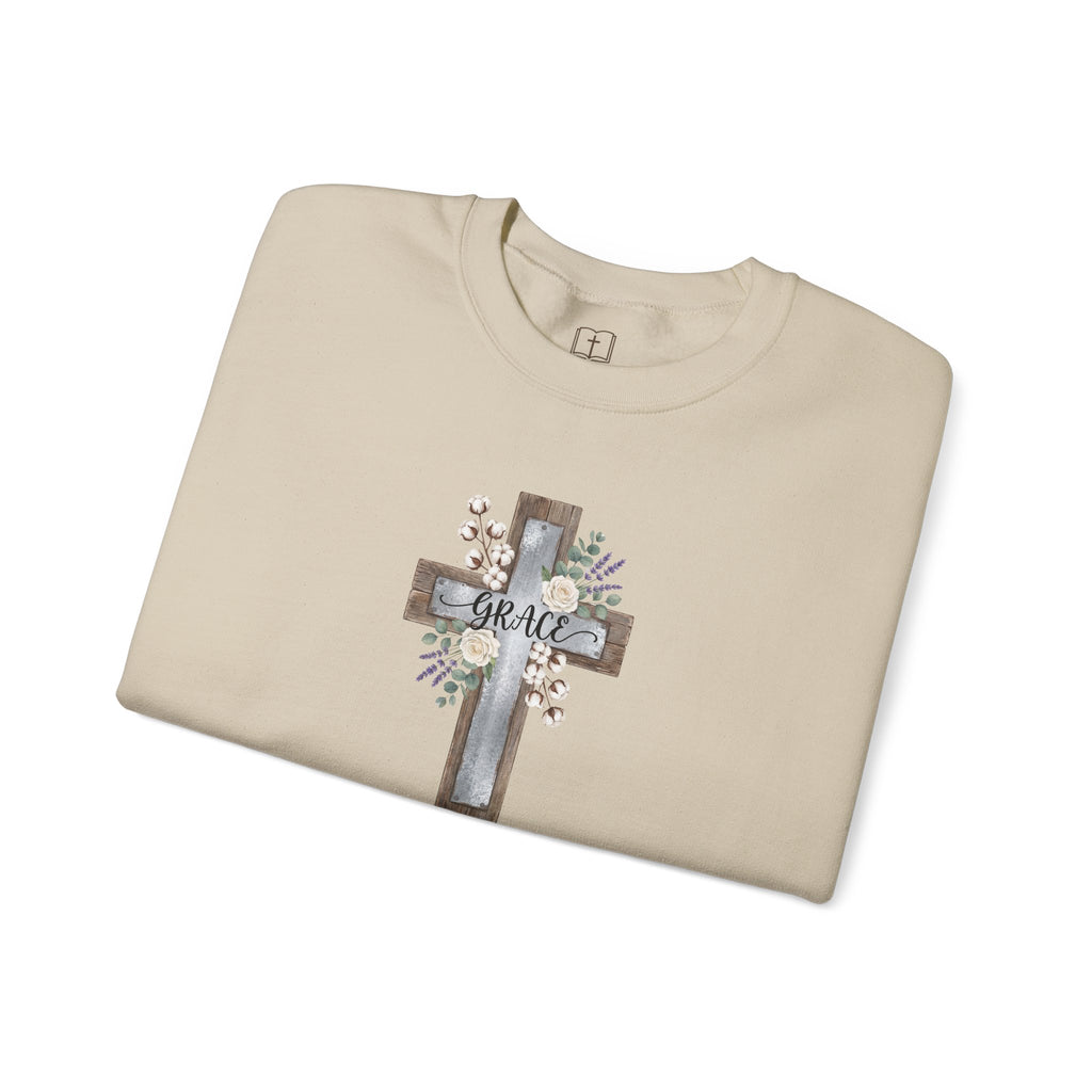 Sudadera católica con estampado floral Grace Cross - Cuello redondo de algodón y lavanda