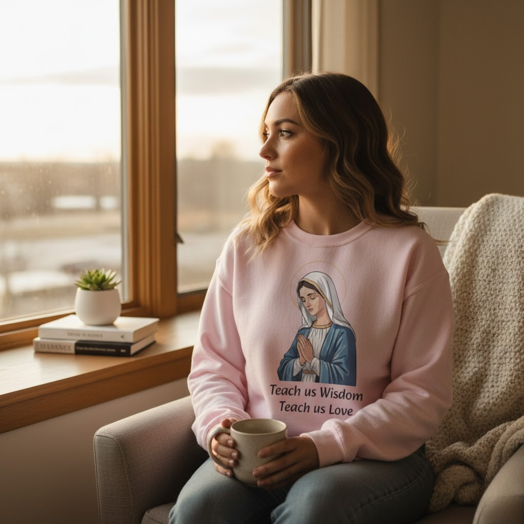 Sudadera de cuello redondo «Enséñanos sabiduría, enséñanos amor» de María | Catholic Faith Apparel