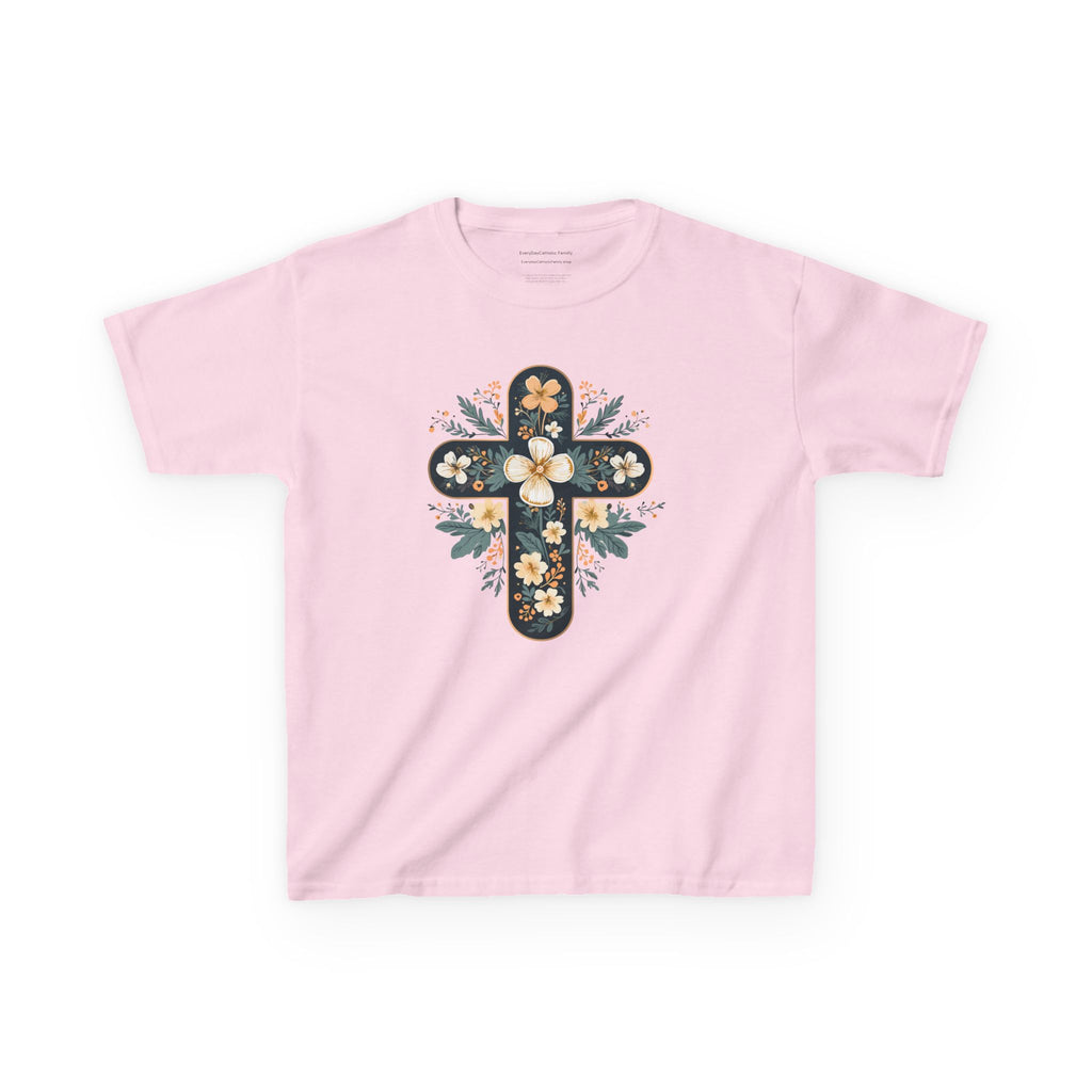 Camiseta infantil con cruz floral y fe | Elegante camiseta cristiana de primavera