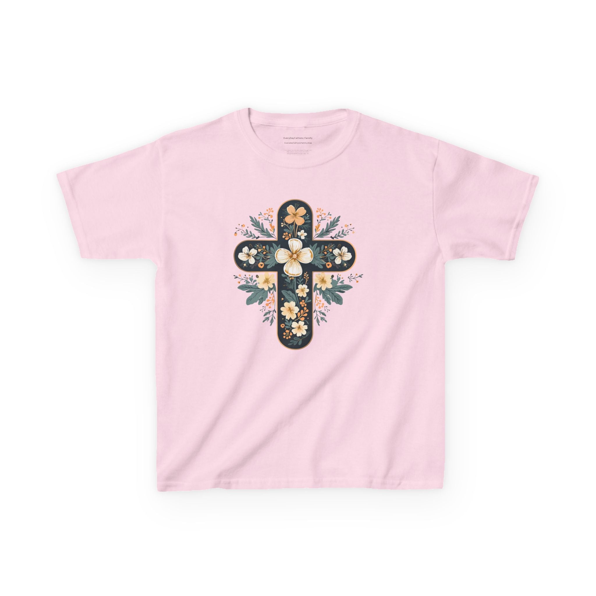 Camiseta infantil con cruz floral y fe | Elegante camiseta cristiana de primavera