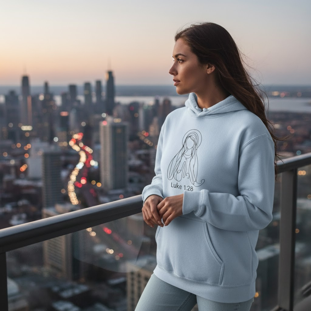 Sudadera con capucha mariana Lucas 1:28 | Sudadera de fe para mujer «Salve, llena eres de gracia»
