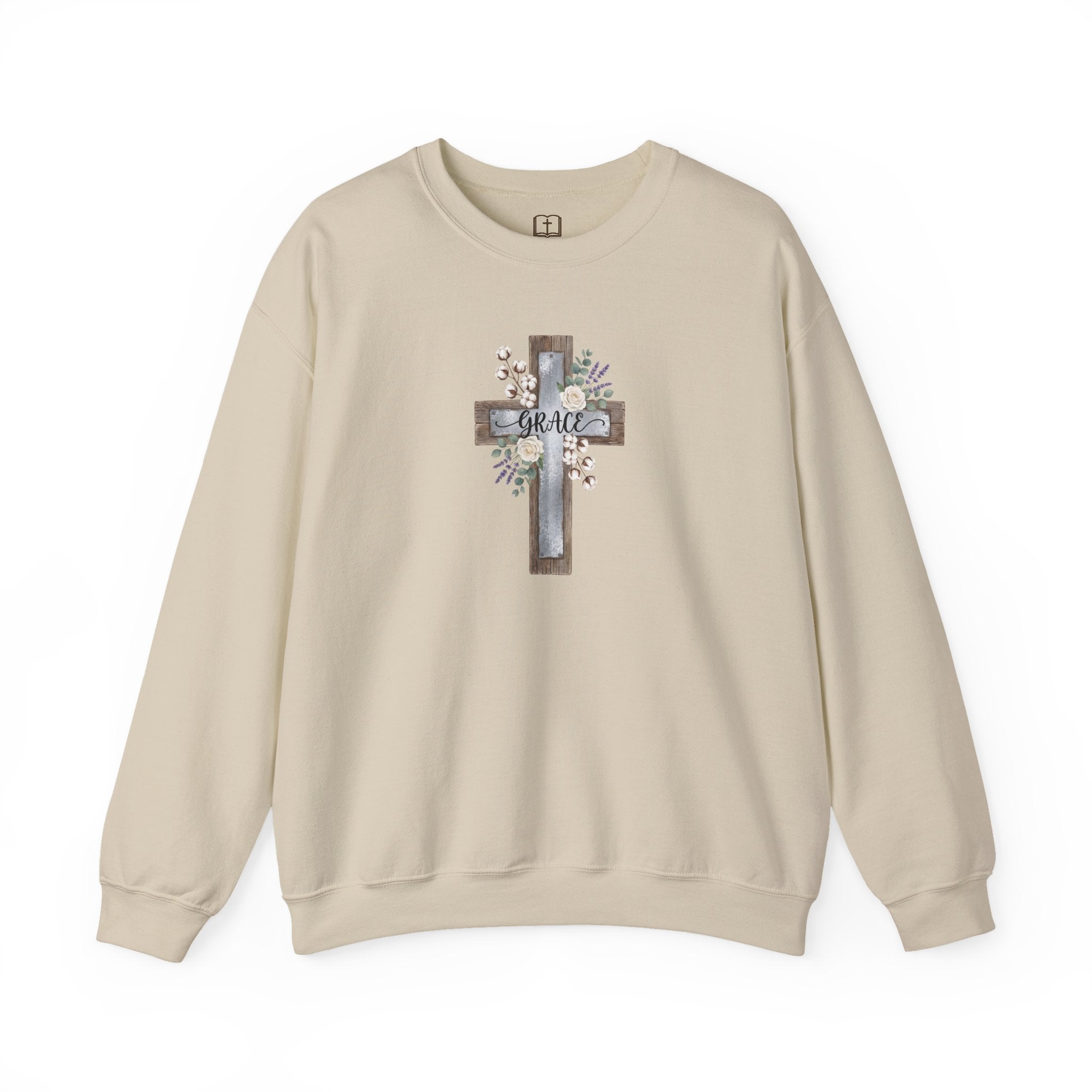 Sudadera católica con estampado floral Grace Cross - Cuello redondo de algodón y lavanda