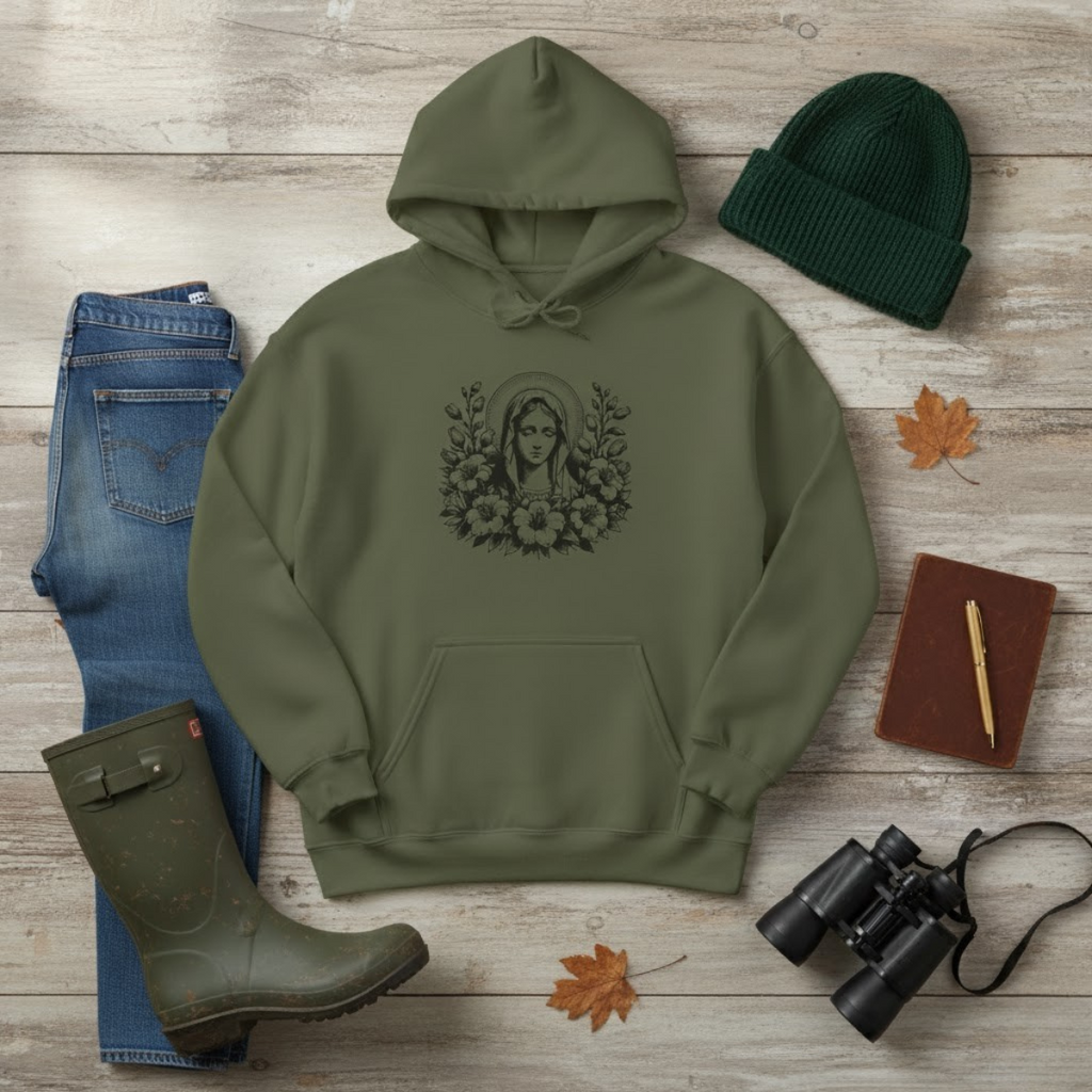 Olive green hoodie with floral Virgin Mary illustration and “Luke 1:46–48” text, Catholic Marian faith apparel for women by Everyday Catholic Family.
