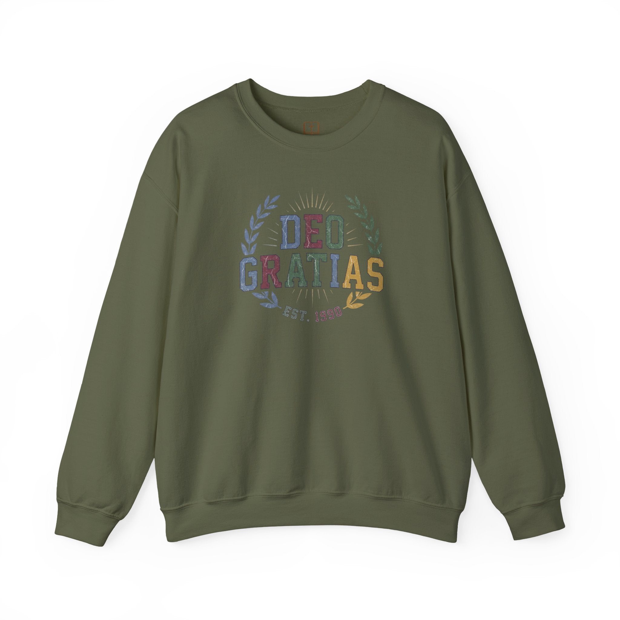 Deo Gratias Est. 1990 Vintage Laurel Catholic Crewneck Sweatshirt