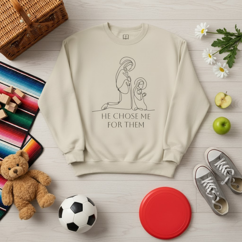 Beige crewneck sweatshirt with minimalist line-art of Mary and Jesus and text “He Chose Me for Them,” Catholic women’s faith apparel by Everyday Catholic Family.