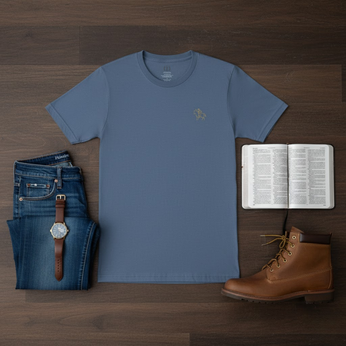 Navy blue men’s T-shirt with minimalist gold line-art emblem on the chest and “Ad Majorem Dei Gloriam” on the back, Catholic apparel by Everyday Catholic Family.