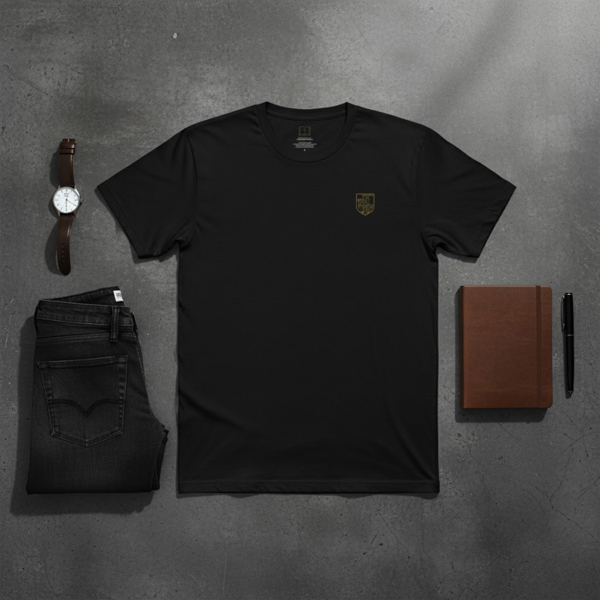 Black men’s T-shirt with gold crest on front and “Non Nobis Domine sed nomini tuo da gloriam” text on back, minimalist Catholic apparel by Everyday Catholic Family.