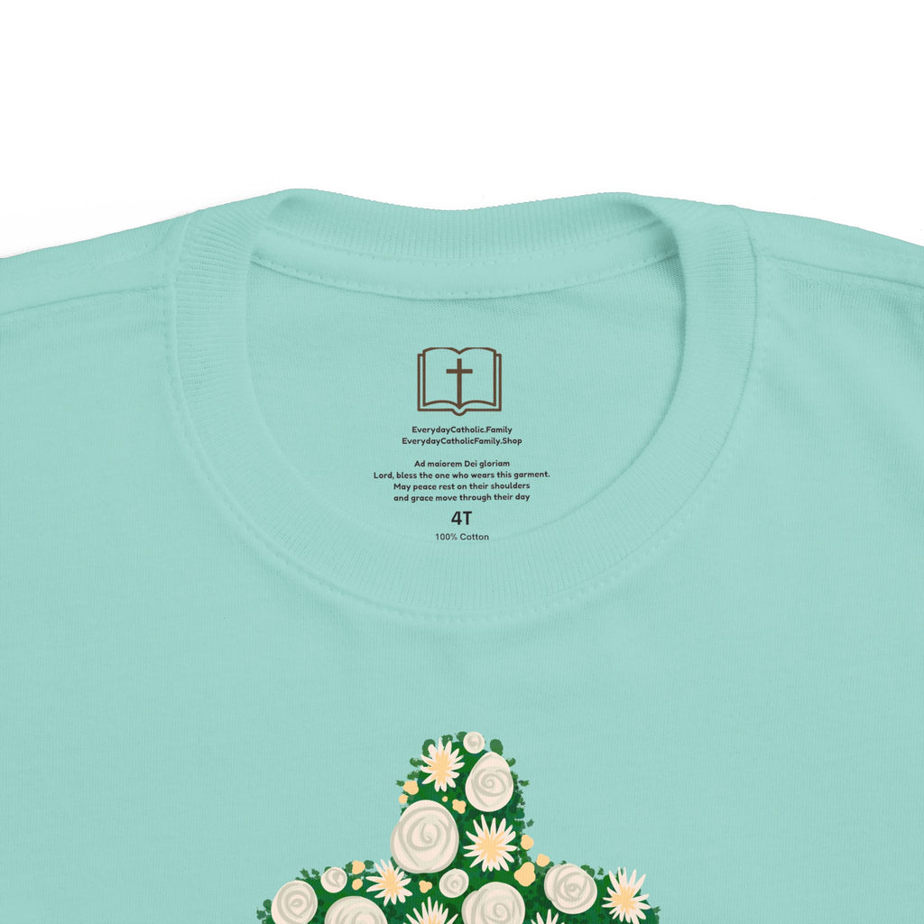 Camiseta para niño con diseño de cruz floral verde inspirada en la fe