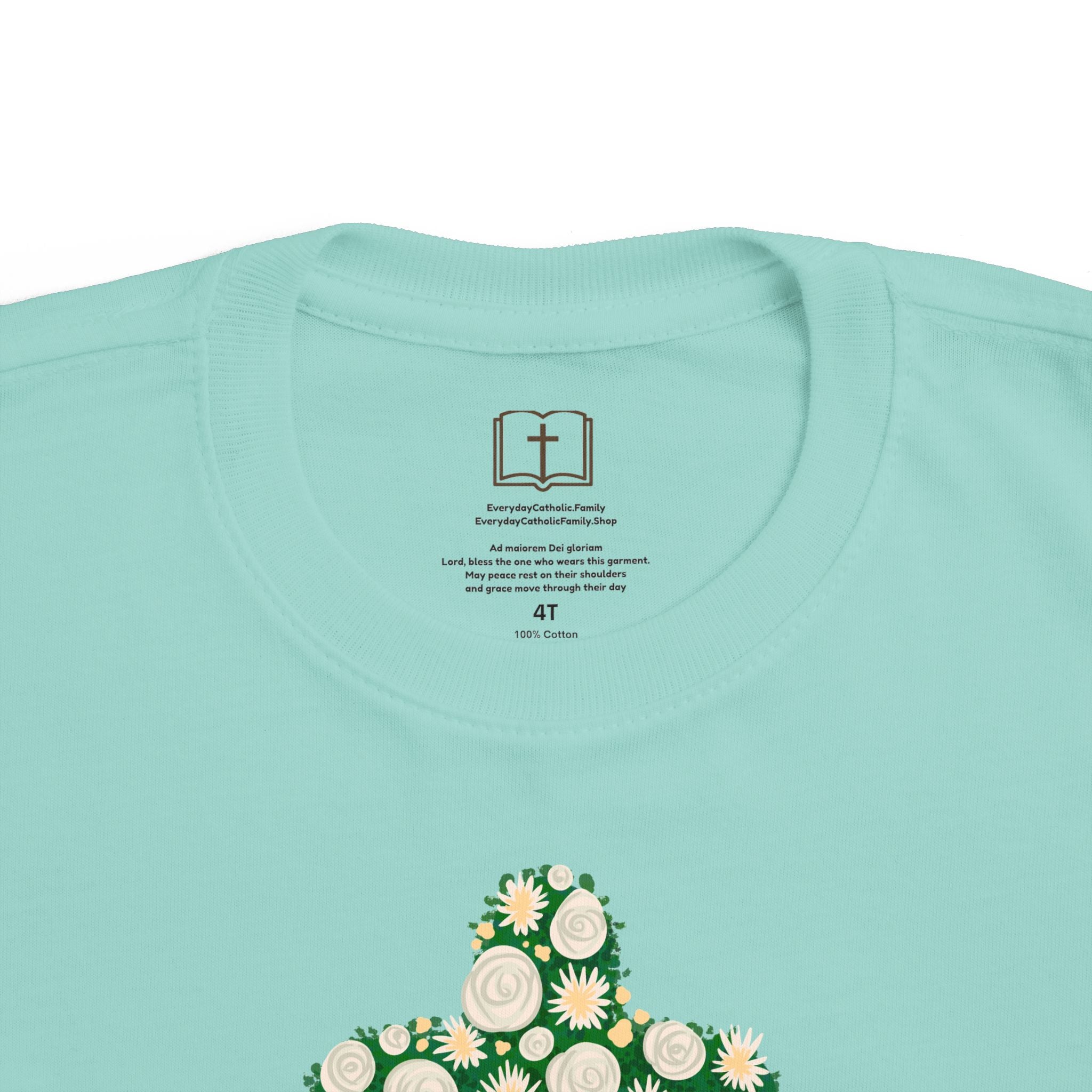 Camiseta para niño con diseño de cruz floral verde inspirada en la fe