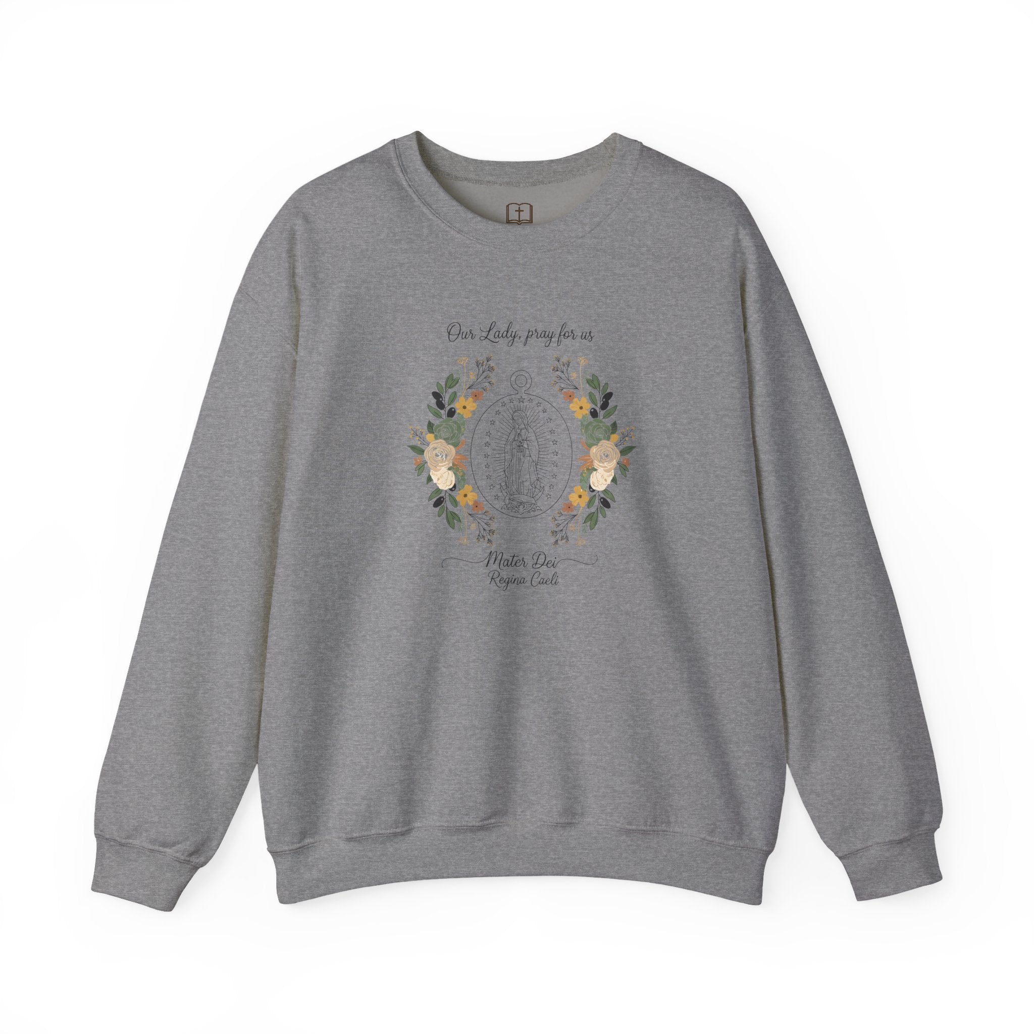 Our Lady, Pray for Us Floral Miraculous Medal Catholic Crewneck Sweatshirt