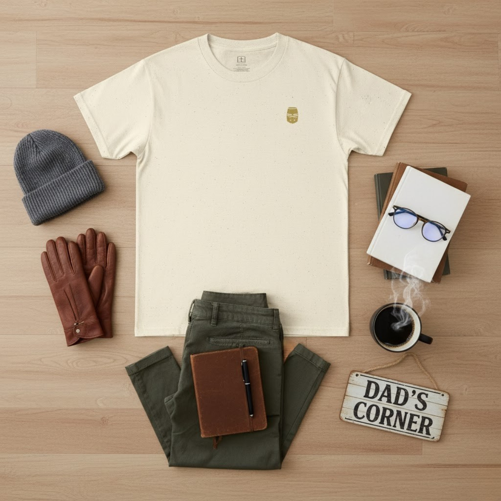 Speckled beige men’s T-shirt with gold crest on the front and “Ora et Labora” text on the back, minimalist Catholic men’s apparel by Everyday Catholic Family.