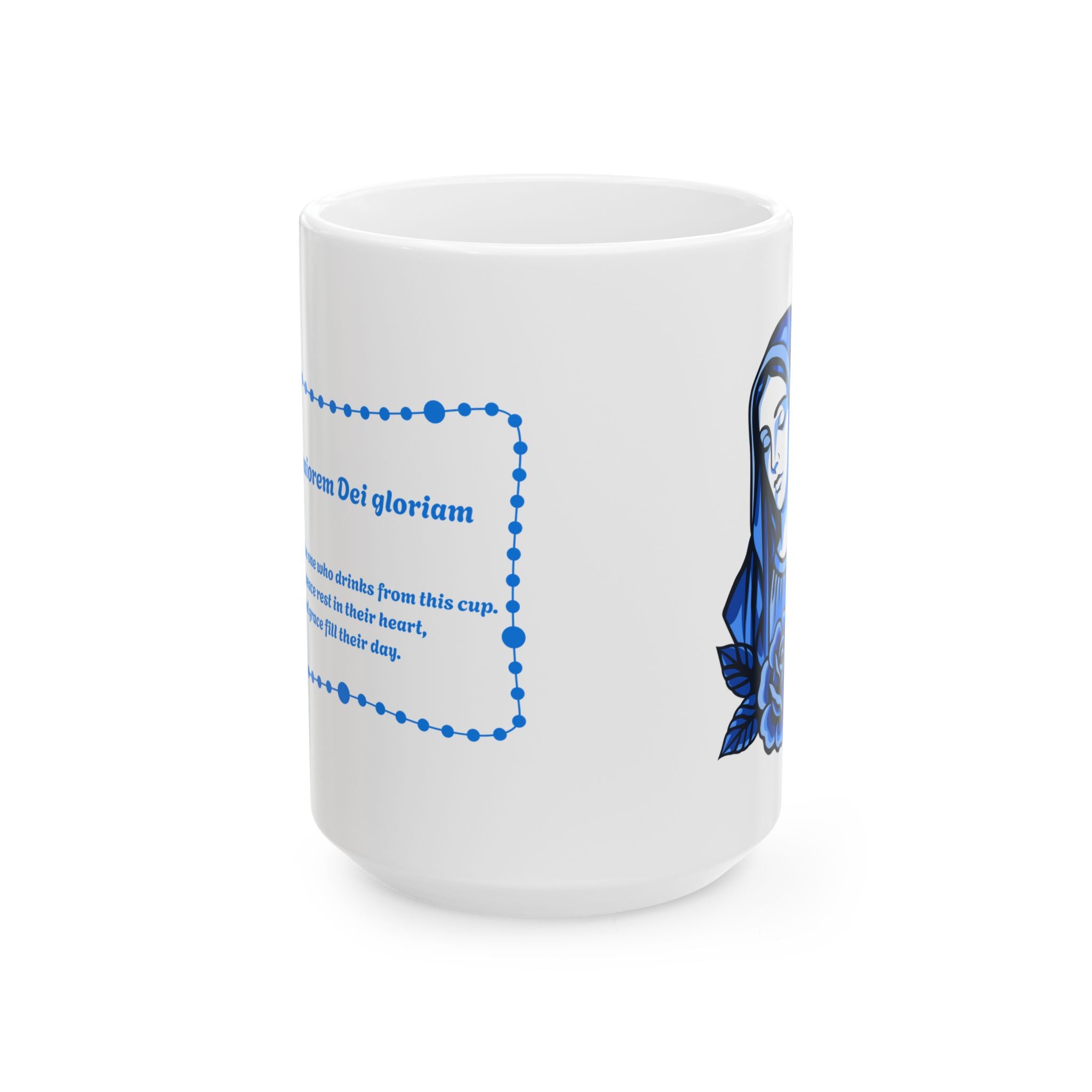 Blue Marian Ceramic Mug | Ad Majorem Dei Gloriam Prayer Mug | Catholic Coffee Cup for Everyday Use