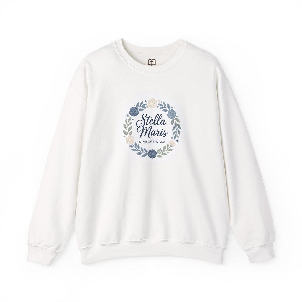 Sudadera católica de cuello redondo con corona floral "Estrella del Mar" de Stella Maris