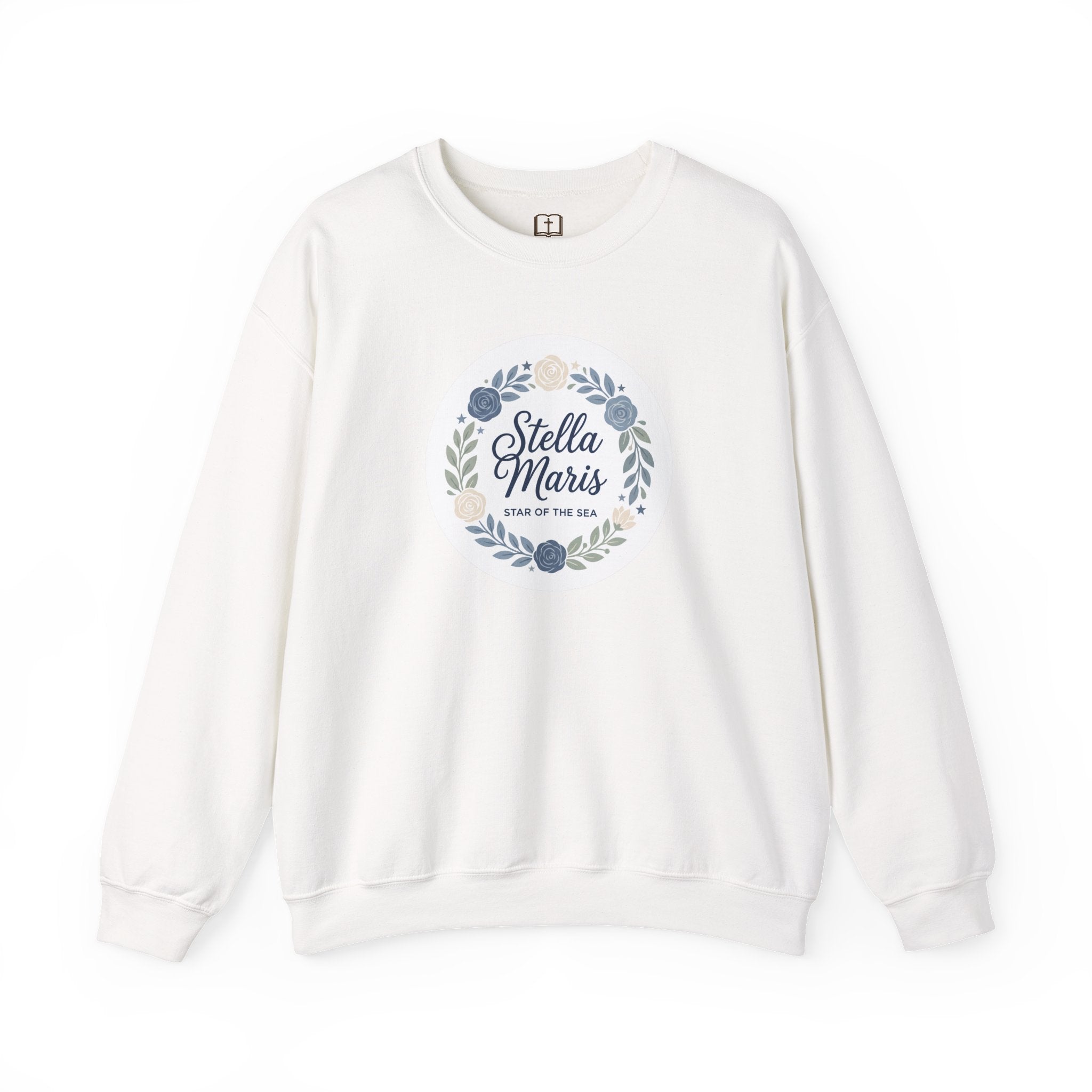 Sudadera católica de cuello redondo con corona floral "Estrella del Mar" de Stella Maris