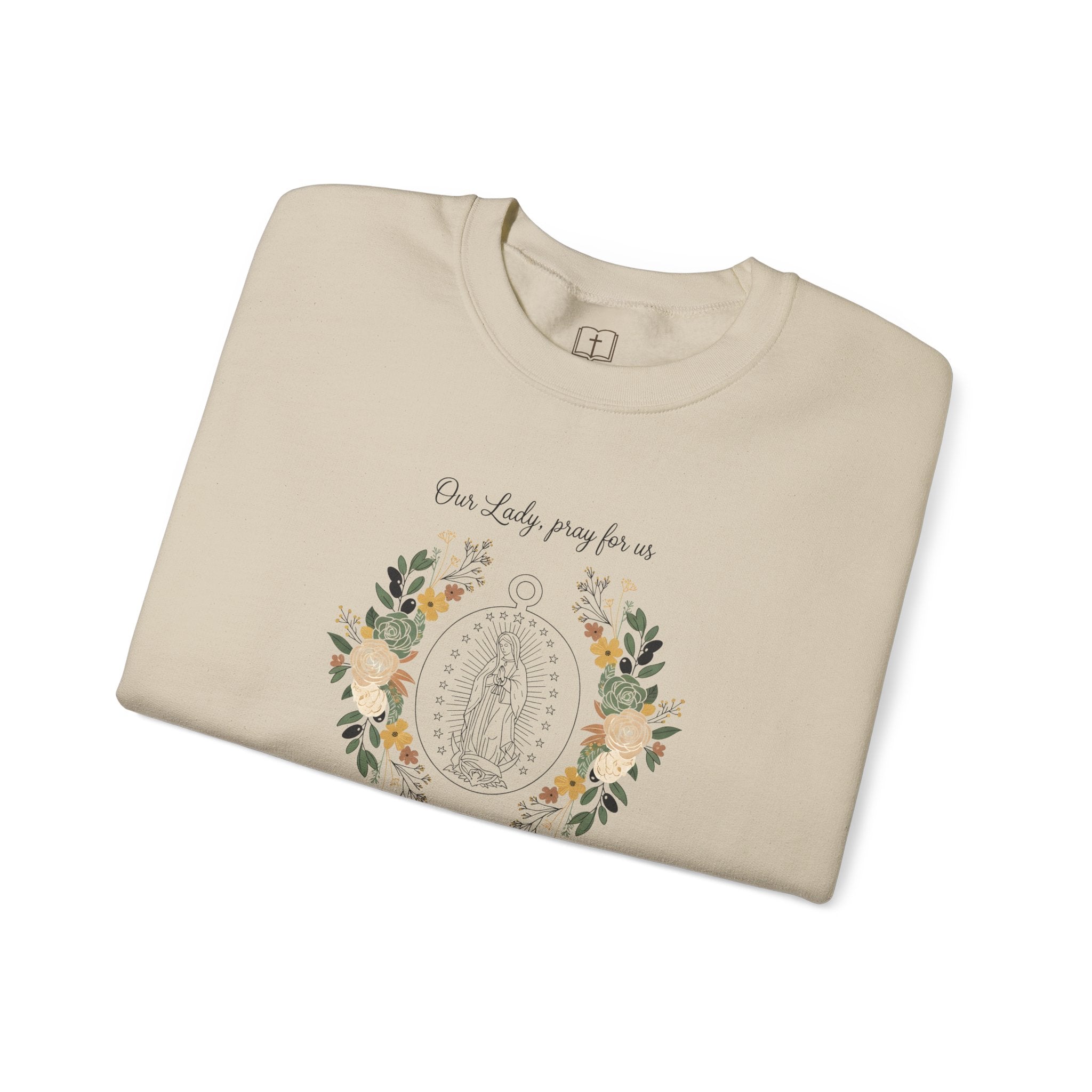 Our Lady, Pray for Us Floral Miraculous Medal Catholic Crewneck Sweatshirt