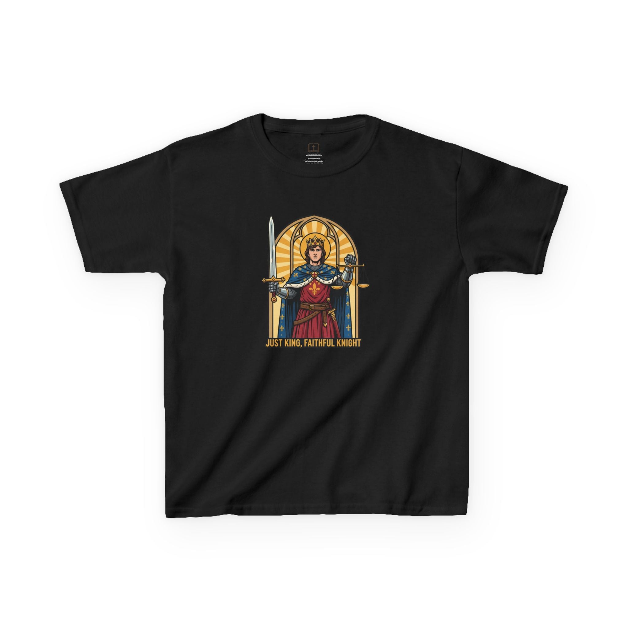 Black kids T-shirt with St. Louis IX in royal armor holding a sword and scales of justice, Faithful Knight design by Everyday Catholic Family.