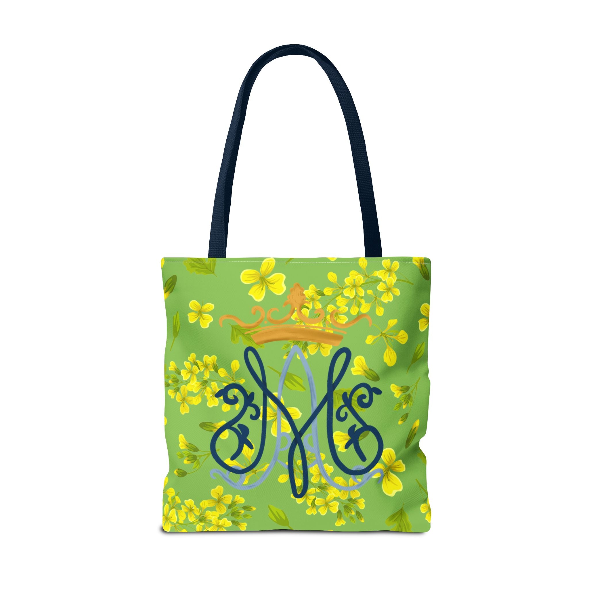 Bolso tote con monograma mariano floral verde – Colección Reina del Cielo