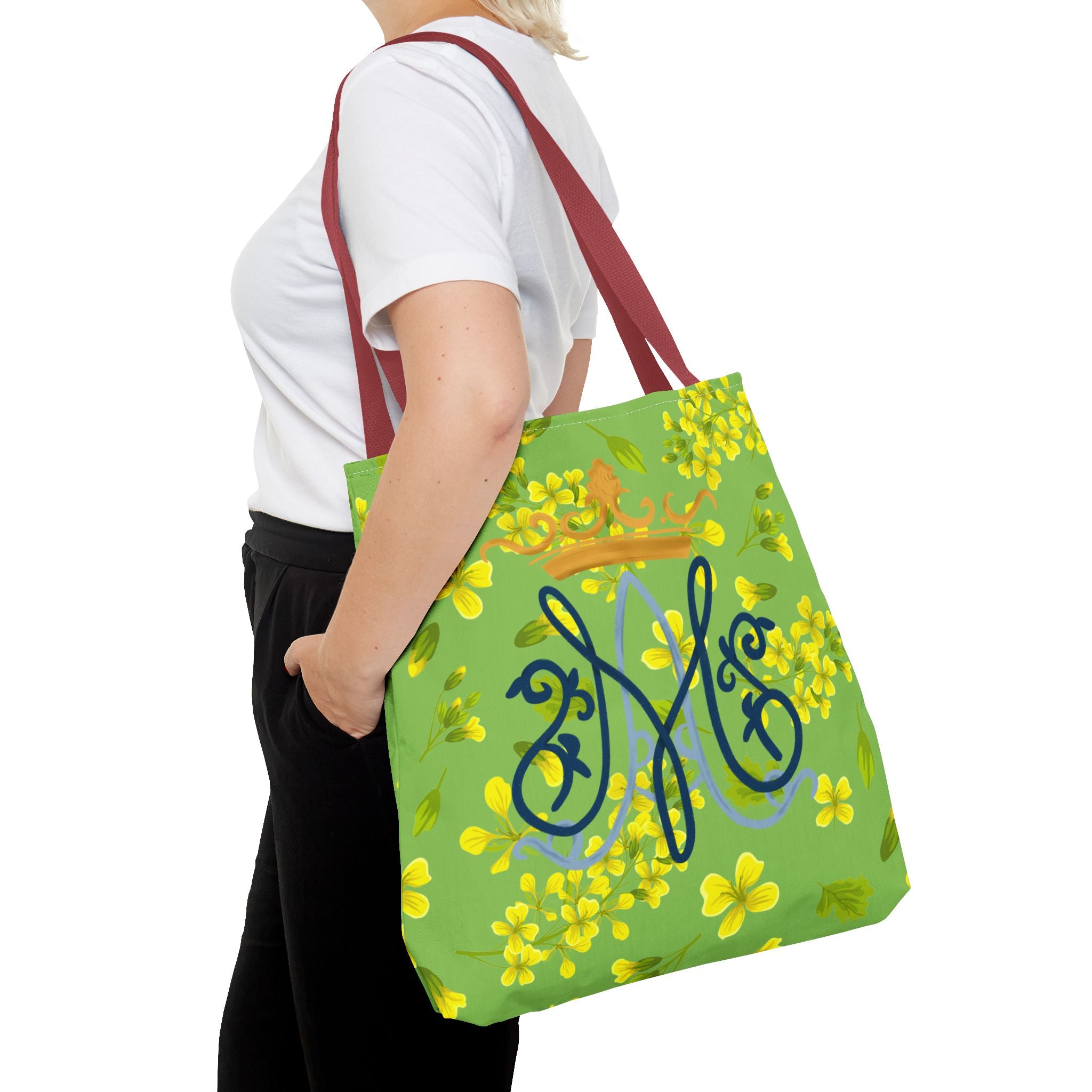 Bolso tote con monograma mariano floral verde – Colección Reina del Cielo
