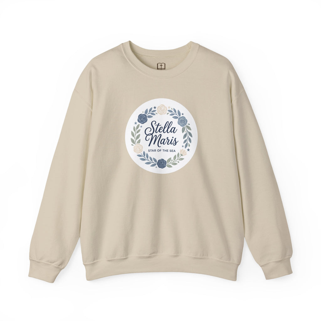 Sudadera católica de cuello redondo con corona floral "Estrella del Mar" de Stella Maris
