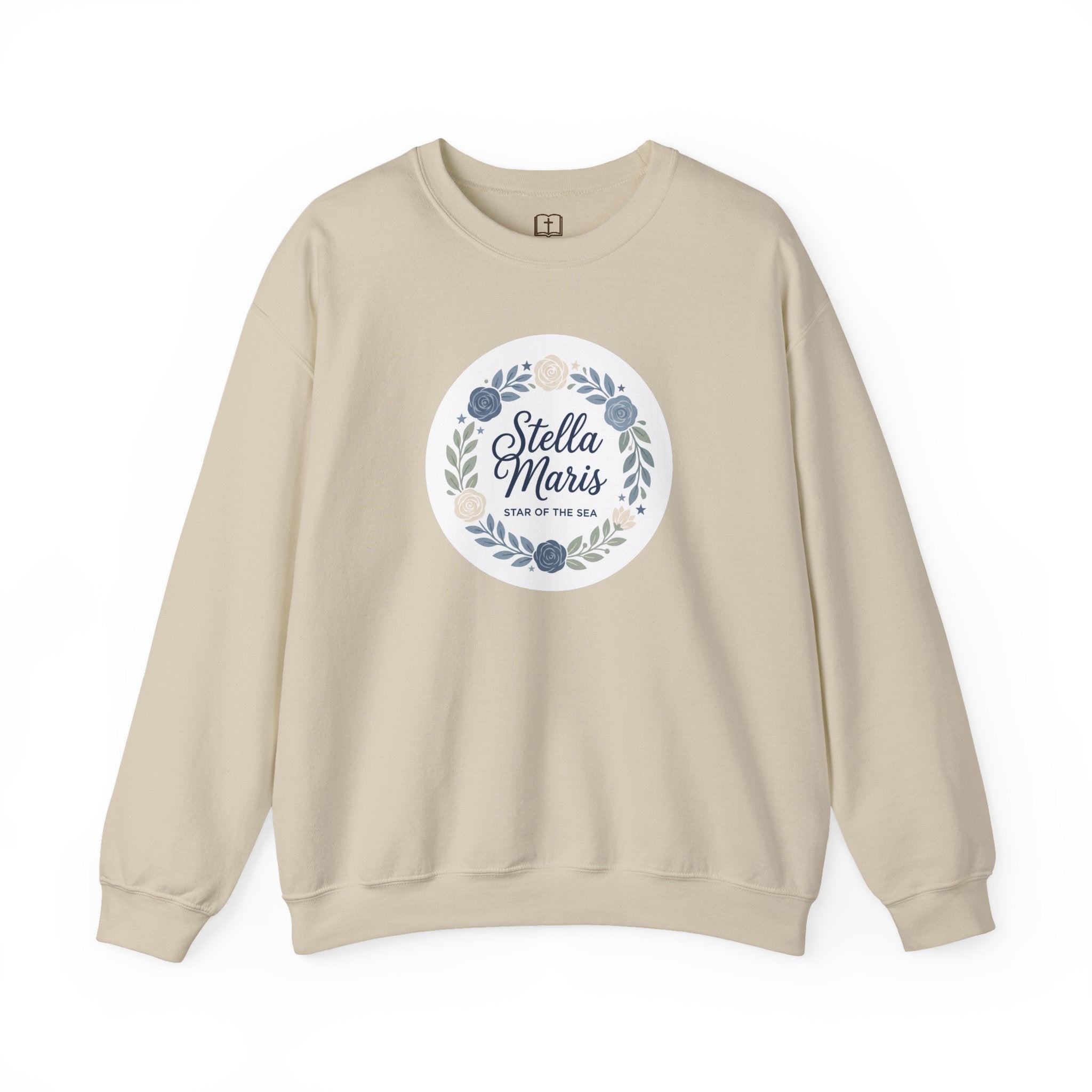 Sudadera católica de cuello redondo con corona floral "Estrella del Mar" de Stella Maris