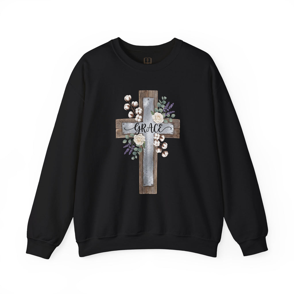 Sudadera católica con estampado floral Grace Cross - Cuello redondo de algodón y lavanda