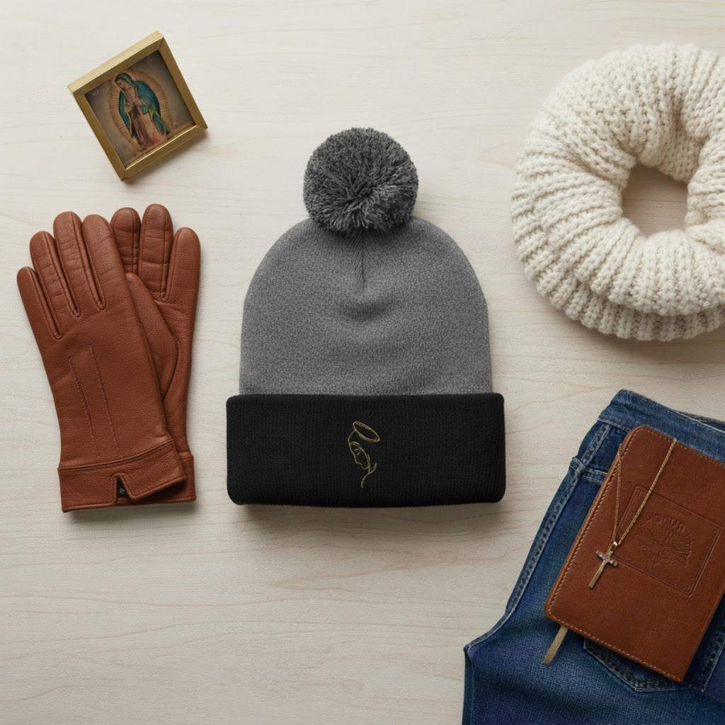Gorro con pompón y silueta de María | Gorro de invierno para mujer católica | Regalo inspirado en la fe para madres e hijas