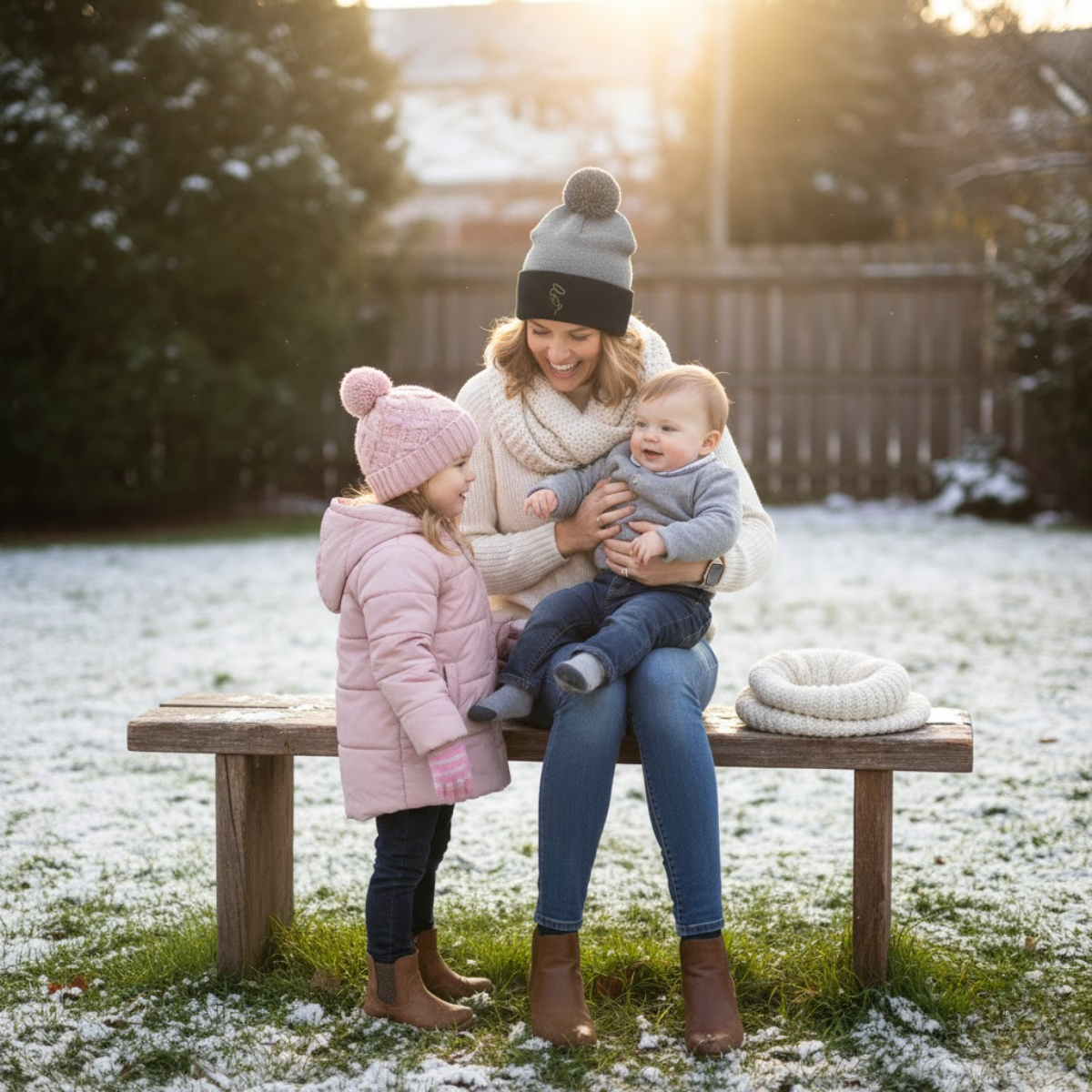 Gorro con pompón y silueta de María | Gorro de invierno para mujer católica | Regalo inspirado en la fe para madres e hijas