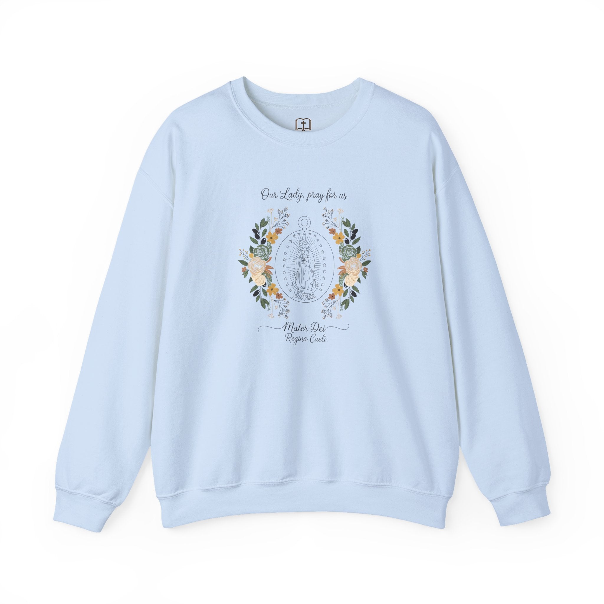 Our Lady, Pray for Us Floral Miraculous Medal Catholic Crewneck Sweatshirt