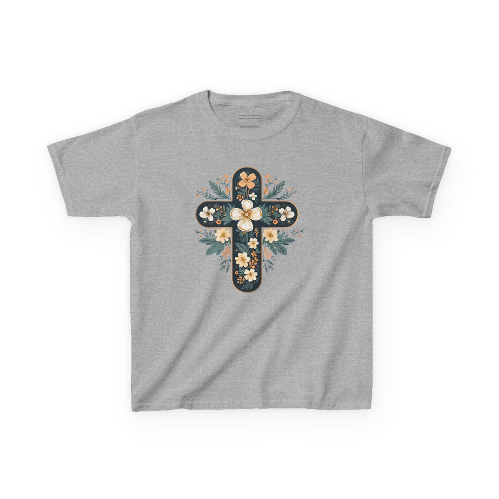Camiseta infantil con cruz floral y fe | Elegante camiseta cristiana de primavera