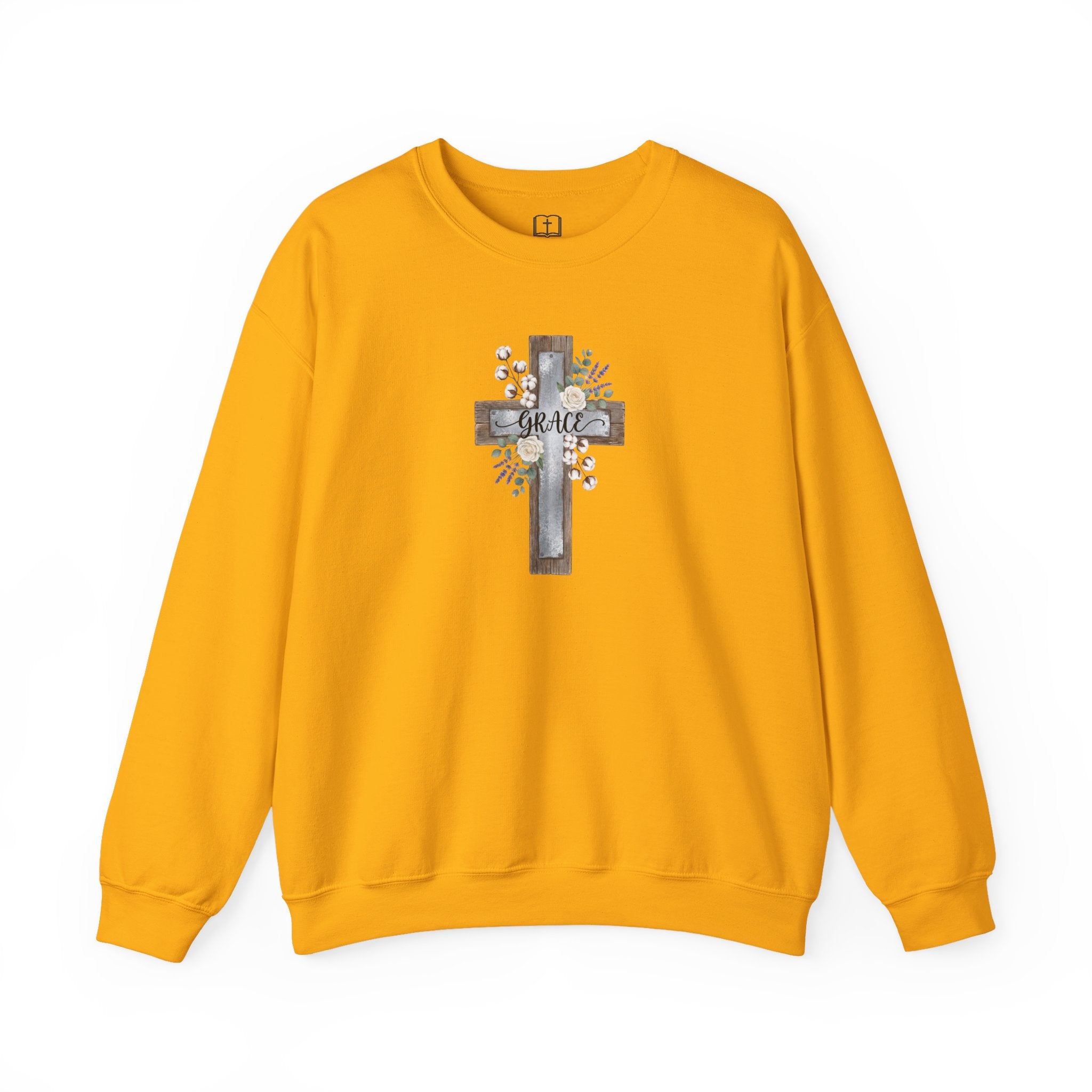 Sudadera católica con estampado floral Grace Cross - Cuello redondo de algodón y lavanda