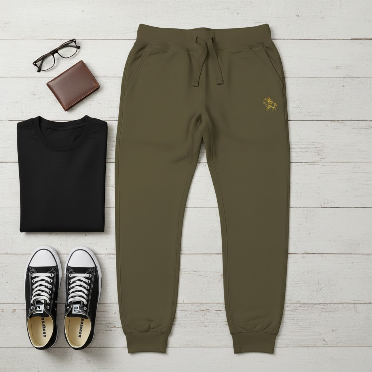 Olive men’s fleece sweatpants with gold embroidered knight emblem — Faith Crusader Catholic joggers designed for comfort and devotion.