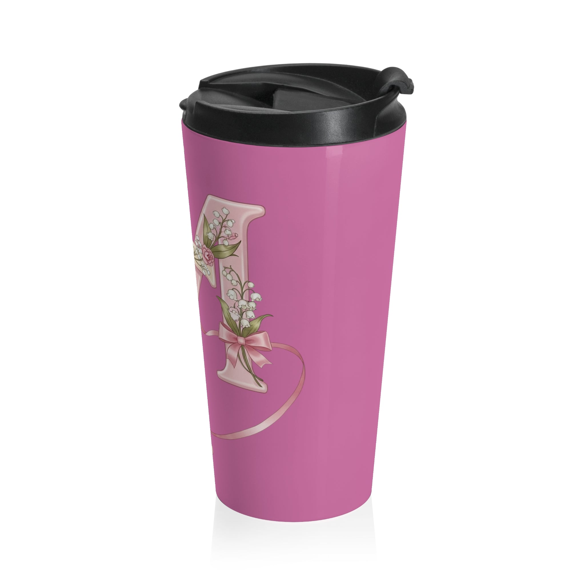 Taza de viaje con monograma floral de la Virgen María | Taza de viaje rosa con inspiración religiosa 