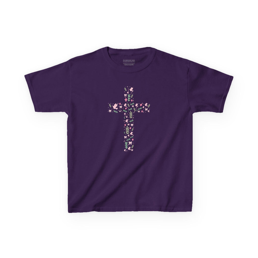 Camiseta infantil con cruz floral | Camiseta cristiana de inspiración religiosa para niñas