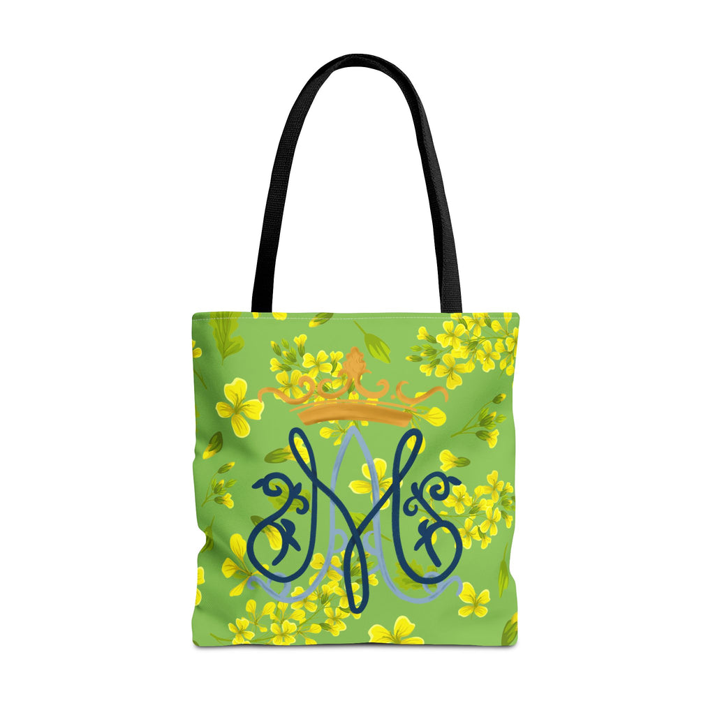 Bolso tote con monograma mariano floral verde – Colección Reina del Cielo