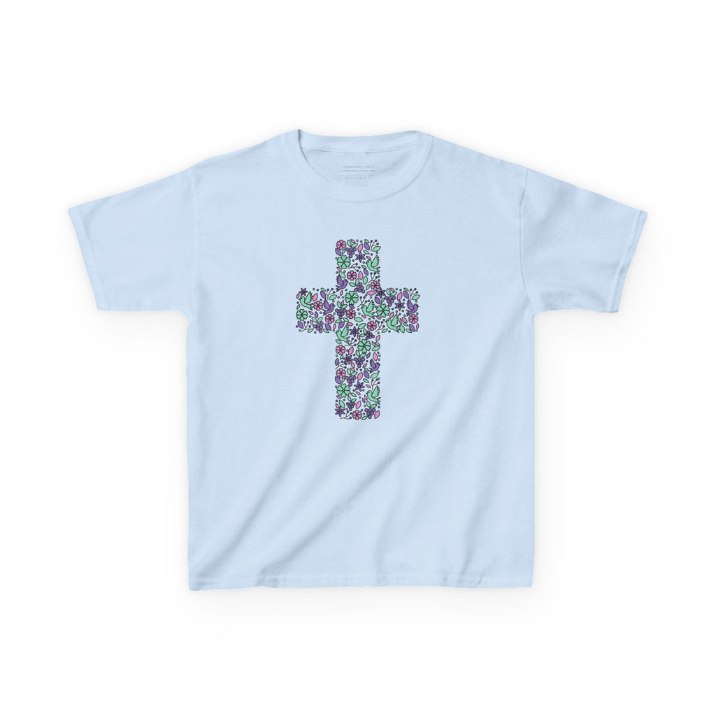 Camiseta cristiana infantil con cruz floral | Camiseta de primavera inspirada en la fe para niñas