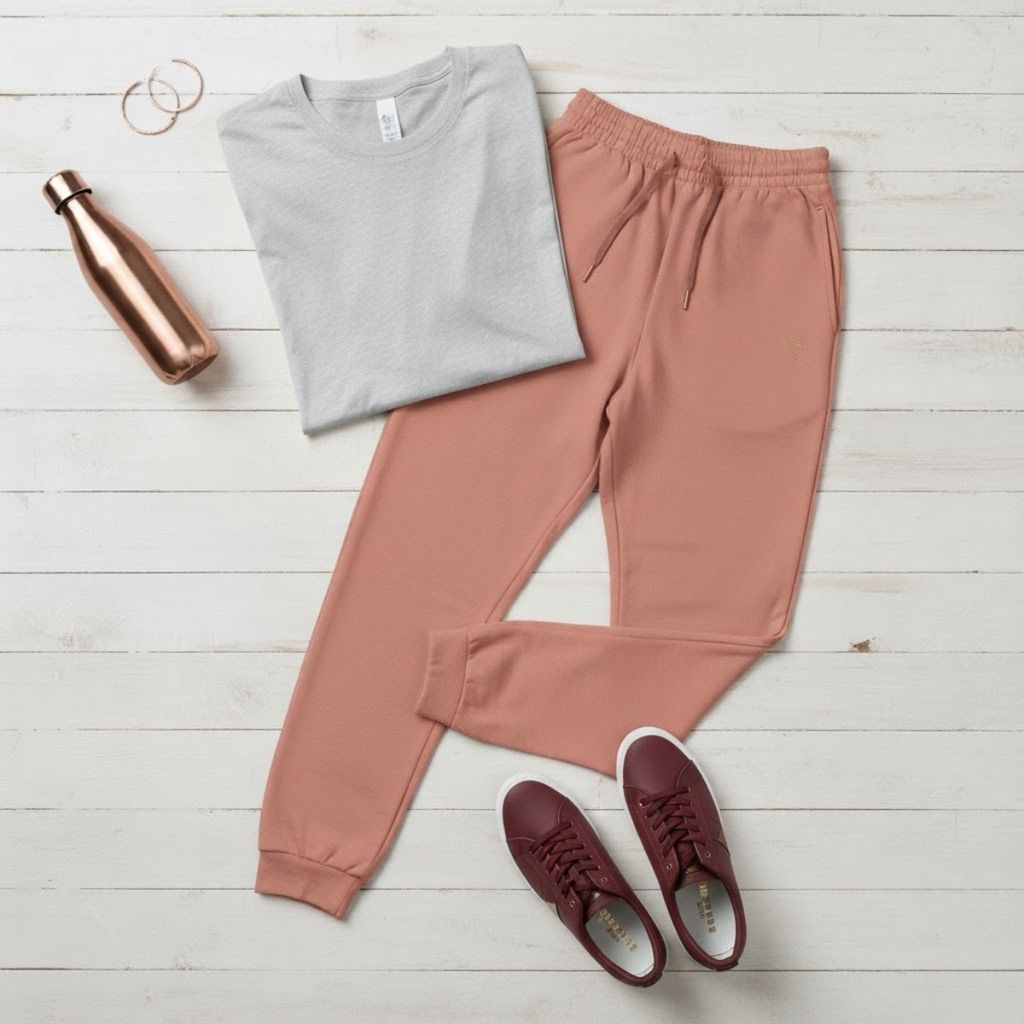 Pink women’s fleece sweatpants with gold embroidered Marian symbol — Catholic loungewear for comfort and devotion.