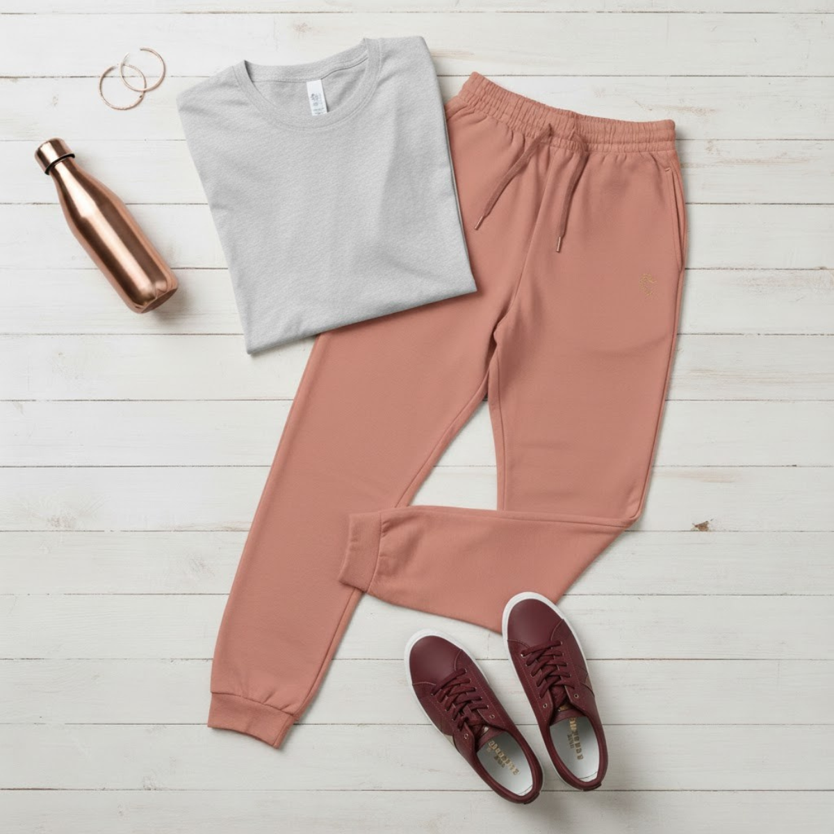 Pink women’s fleece sweatpants with gold embroidered Marian symbol — Catholic loungewear for comfort and devotion.